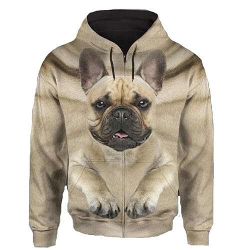 JJCat Männer mit Kapuze Langarm 3D-Druck Hundeserie französische Bulldogge Design Reißverschluss Strickjacke Sweatshirts(3XL,Beige3) von JJCat