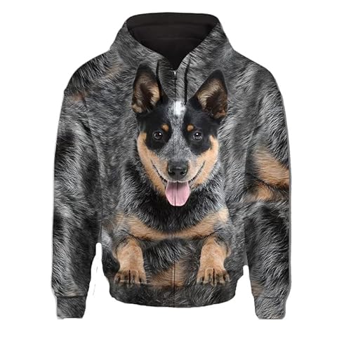 JJCat Männer mit Kapuze6 Langarm 3D-Druck Hundeseriet australischer Schäferhund Design Reißverschluss Strickjacke Sweatshirts(3XL,Grau4) von JJCat