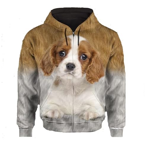 Männer mit Kapuze Langarm 3D-Druck Hundeserie King Charles Spaniel Design Reißverschluss Strickjacke Sweatshirts(L,Grau3) von JJCat