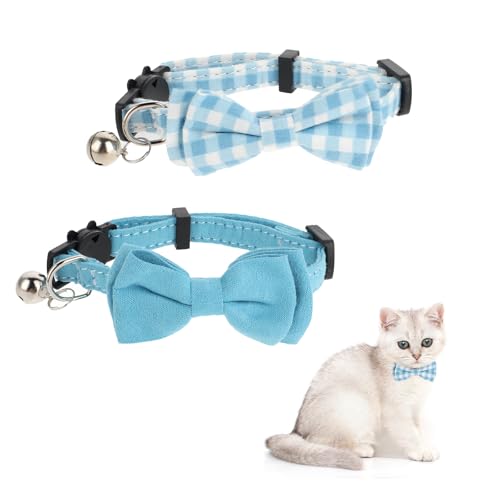 JJUNW 2 Stück Kätzchen Halsband, Katzenhalsband mit Glöckchen, Katzenhalsband Verstellbar Halsband mit Fliege und Glöckchen für Welpen Sicherheitsfliege für kleine Haustiere Katzen-Fliege(blau) von JJUNW