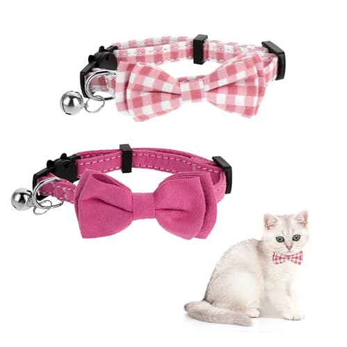 JJUNW 2 Stück Kätzchen Halsband, Katzenhalsband mit Glöckchen, Katzenhalsband Verstellbar Halsband mit Fliege und Glöckchen für Welpen Sicherheitsfliege für kleine Haustiere Katzen-Fliege(rosa) von JJUNW