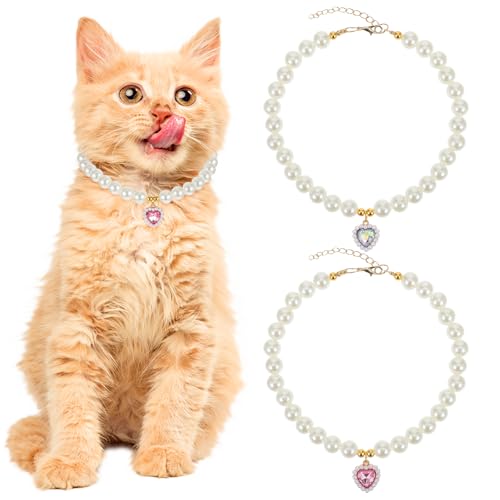 JJUNW 2 Stück Katzen- und Hunde-Perlenhalsband, herzförmige Strass-Haustier-Halskette, Hunde-Perlen, verstellbares Haustier-Schmuckzubehör für kleine Hunde, Katzen (weiß und rosa) von JJUNW