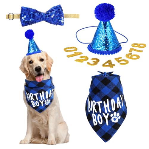 JJUNW 4 Stück Hund Geburtstag Bandana Set, Hund Geburtstag Party Set, Hunde Bandana Mütze mit 8 Bling Nummern und Fliege Hunde Zubehör Set für Welpenkatzenhaustie(blau) von JJUNW