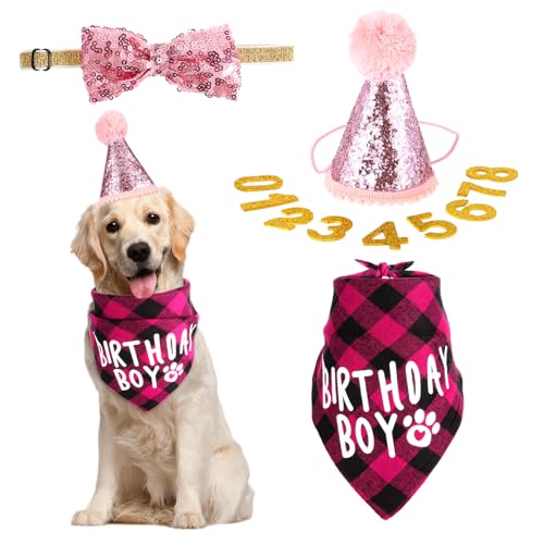 JJUNW 4 Stück Hund Geburtstag Bandana Set, Hund Geburtstag Party Set, Hunde Bandana Mütze mit 8 Bling Nummern und Fliege Hunde Zubehör Set für Welpenkatzenhaustie(rosa) von JJUNW