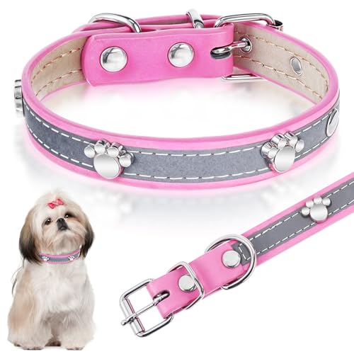 JJUNW Reflektierendes Hundehalsband, Leder, verstellbar, weich, mit niedlicher Pfotenniete, für kleine, mittelgroße Haustiere von JJUNW