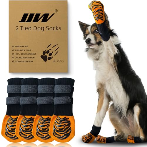 JJW Anti-Rutsch-Hundesocken mit 2 Verstellbaren Riemen, Hochwertige Anti-Rutsch-Hundesocken für Hartholzböden, Verhindert Pfotenverbrennungen, Ideal für Hund Paw Schutz (Orange, L) von JJW