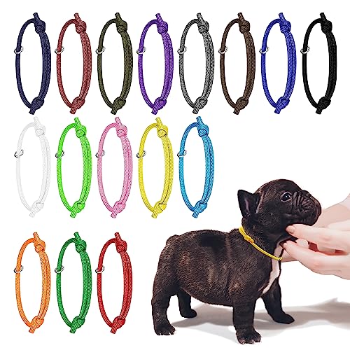 JJWNML 16pcs Welpen ID Halsbänder, Neugeborene Kätzchen Halsbänder, weiche Polyester Halsbänder Einstellbare Bands Identifikation Welpen Halsband für Neugeborene Haustier, Multi Coloured (L,17-28CM) von JJWNMLL