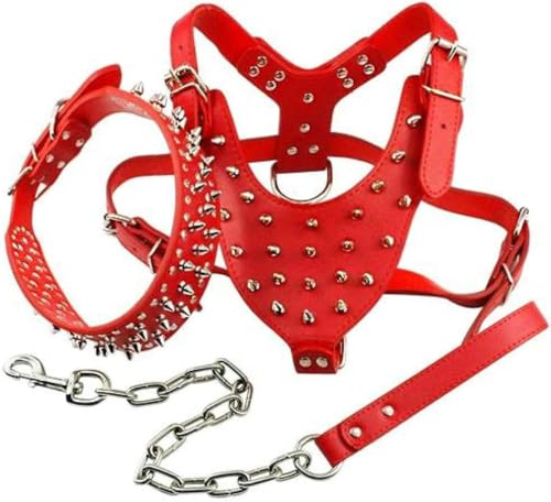 Cooles Hundegeschirr aus Leder mit Nieten, Halsband und Leine, Set für mittelgroße und große Hunde, Rot, XL von JKDSAO