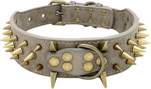 Cooles Hundehalsband mit Spikes und Nieten, Lederhalsband für mittelgroße und große Hunde, Khaki, L von JKDSAO