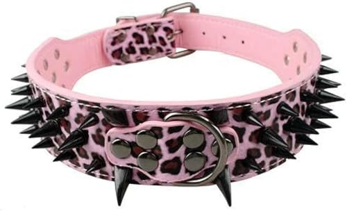 Cooles Hundehalsband mit Spikes und Nieten, Lederhalsband für mittelgroße und große Hunde, Pink/Schwarz, Größe L von JKDSAO