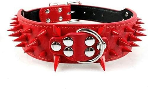 Cooles Hundehalsband mit Spikes und Nieten, Lederhalsband für mittelgroße und große Hunde, Rot, Red Spike, M von JKDSAO