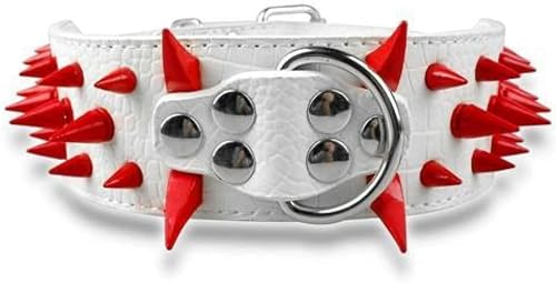 Cooles Hundehalsband mit Spikes und Nieten, Lederhalsband für mittelgroße und große Hunde, Weiß/Rot, XL von JKDSAO