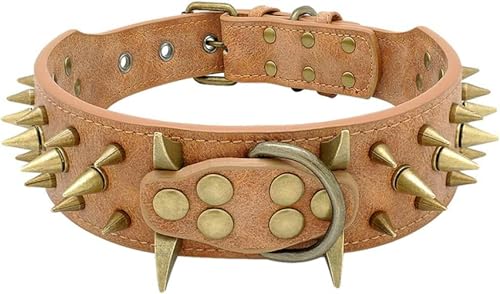 Cooles Hundehalsband mit Spikes und Nieten, Lederhalsband für mittelgroße und große Hunde, braun, L von JKDSAO