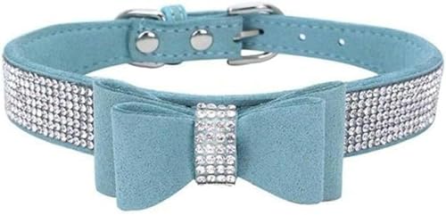 Haustier-Halsband mit Strasssteinen und Schleife, Knotenhalsband für Hunde und Katzen, glitzernd, weich, süß, Halsband aus PU-Leder, Haustierhalsband, Hundezubehör, Gelb, XS-Hellblau-M von JKDSAO