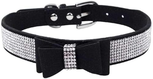 Haustier-Halsband mit Strasssteinen und Schleife, Knotenhalsband für Hunde und Katzen, glitzernd, weich, süß, Halsband aus PU-Leder, Haustierhalsband, Hundezubehör, Gelb, XS-Schwarz-L von JKDSAO