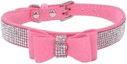 Haustier-Halsband mit Strasssteinen und Schleife, Knotenhalsband für Hunde und Katzen, glitzernd, weich, süß, Halsband aus PU-Leder, Haustierhalsband, Hundezubehör, gelb, XS-Pink-XS von JKDSAO