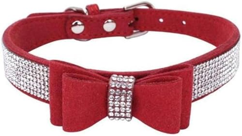 Haustier-Halsband mit Strasssteinen und Schleife, Knotenhalsband für Hunde und Katzen, glitzernd, weich, süß, Halsband aus PU-Leder, Haustierhalsband, Hundezubehör, gelb, XS-Rot-L von JKDSAO