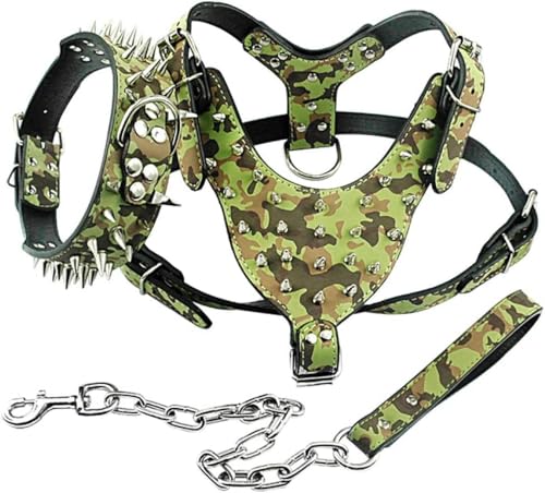 Hundehalsband, Hundegeschirr, Leine, mit Spikes und Nieten, aus Leder, 3-teiliges Set zum Spazierengehen für mittelgroße und große Hunde, grün, M-grün-M von JKDSAO