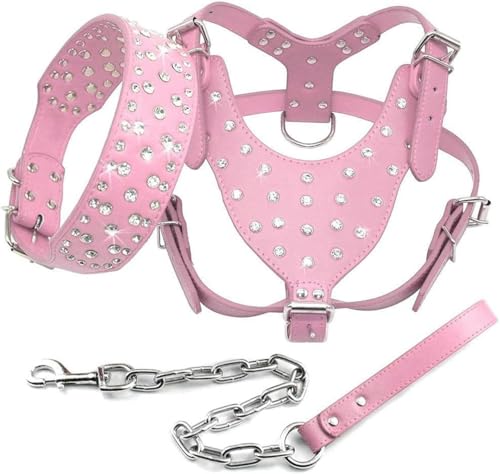 Hundehalsband, Hundegeschirr, Leine, mit glitzernden Strasssteinen besetzt, Leder, 3-teiliges Set zum Spazierengehen mit mittelgroßen und großen Hunden, Rosa, Schwarz, ML, XL-Rosa-L von JKDSAO