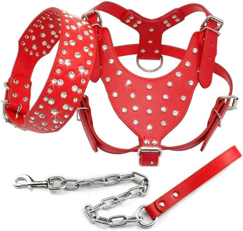 Hundehalsband, Hundegeschirr, Leine, mit glitzernden Strasssteinen besetzt, Leder, 3-teiliges Set zum Spazierengehen mit mittelgroßen und großen Hunden, Rosa, Schwarz, ML, XL-Rot-L von JKDSAO