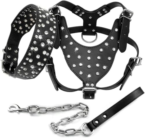 Hundehalsband, Hundegeschirr, Leine, mit glitzernden Strasssteinen besetzt, Leder, 3-teiliges Set zum Spazierengehen mit mittelgroßen und großen Hunden, Rosa, Schwarz, ML, XL von JKDSAO