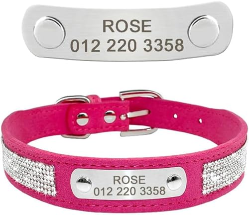 Hundehalsband aus Leder mit Strasssteinen, für Hunde und Katzen, personalisierte ID-Halsbänder für kleine und mittelgroße Haustiere, Welpen, Rosa, Blau, Schwarz, S-Hot Pink-S von JKDSAO