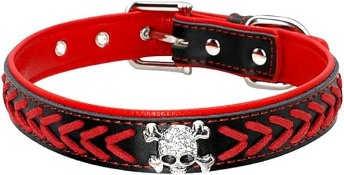 Hundehalsband aus geflochtenem Leder, weich gepolstert, mit Totenkopf-Nieten, verstellbar, für mittelgroße und große Hunde, ML XL, Pink, M-Rot-M von JKDSAO