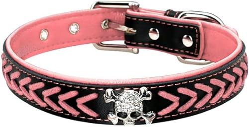 Hundehalsband aus geflochtenem Leder, weich gepolstert, mit Totenkopf-Nieten, verstellbar für mittelgroße und große Hunde, ML XL, Rosa, M-Rosa-XL von JKDSAO