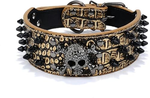 Hundehalsband mit Nägeln, Totenkopf-Nieten, Anti-Biss-Hundehalsband, mit Spikes und großer Kette, Schwarz/Gold, M von JKDSAO