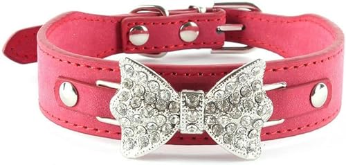 Hundehalsband mit glitzernden Kristallen und Strasssteinen, Schleife, Leder, Haustierhalsband, Welpenhalsband, Katzenhalsband, Halsbänder für Hunde, Blau, XS-Rot-M von JKDSAO