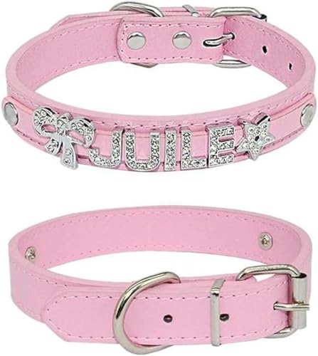 Hundehalsband mit personalisiertem Charm-Namen für kleine, mittelgroße und große Hunde, glitzerndes Hundehalsband aus Leder mit Strasssteinen, Haustier-/Katzenhalsband, Pink, XL-Pink-S von JKDSAO