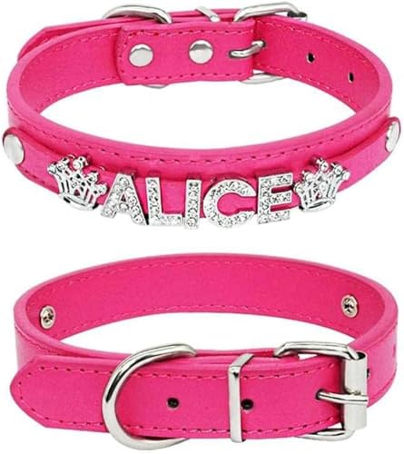 Hundehalsband mit personalisiertem Charm-Namen für kleine, mittelgroße und große Hunde, glitzerndes Hundehalsband aus Leder mit Strasssteinen, Haustier-/Katzenhalsband, Pink, XL-Rosenrot-M von JKDSAO