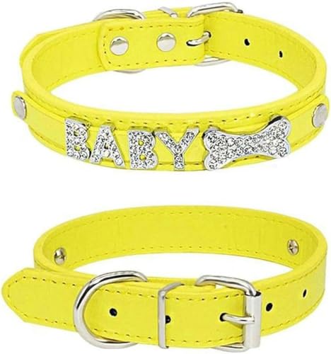 Hundehalsband mit personalisiertem Charm-Namen für kleine, mittelgroße und große Hunde, glitzerndes Hundehalsband aus Leder mit Strasssteinen, Haustier-/Katzenhalsband, Rosa, XL-Gelb-L von JKDSAO