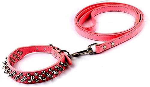 Hundehalsband und Haustierleinen aus Pu-Leder mit Nieten und Spikes - Rosa Set - L von JKDSAO