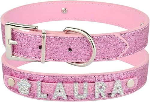 Personalisiertes Hundehalsband aus Leder mit Strasssteinen und glitzernden Anhängern für Haustiere, Hunde und Katzen, rot, S 27,33 cm, Rosa, S 27–33 cm von JKDSAO