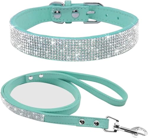 Strass-Hundehalsband, Kristall-Katzen-Hundehalsbänder und Leine, Set mit Haustier-Leine, verstellbar für kleine und mittelgroße Hunde, Lila, M-Blau-M von JKDSAO