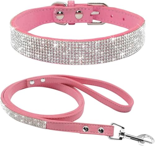 Strass-Hundehalsband, Kristall-Katzen-Hundehalsbänder und Leine, Set mit Haustier-Leine, verstellbar für kleine und mittelgroße Hunde, Lila, M-Pink-M von JKDSAO