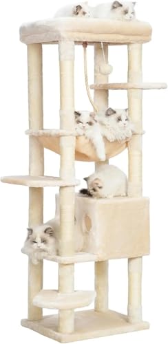 JKELPV katzenbaum katzenkratzbaum Kratzbaum für große Katzen, 9 kg, 152,4 cm, XXL-Katzenturm, mehrstöckige Katzenmöbel-Wohnung mit großer, gepolsterter Plüschsitzstange(Beige) von JKELPV