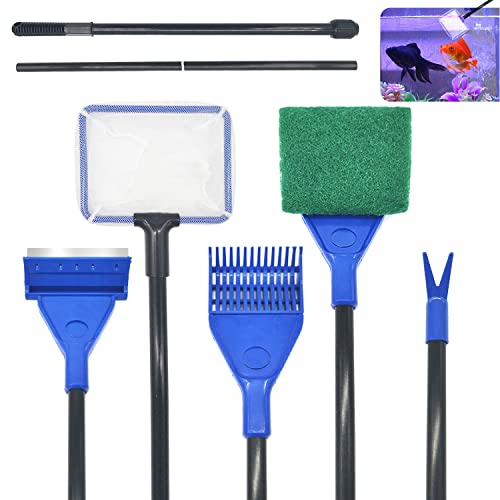 JLNGTHONG 5-in-1 Aquarium Reinigungswerkzeug Aquarium Reinigungs Set, Teleskopstange mit Fischernetz Algenschaber Unkrautklammer Reinigungsschwamm Kiesrechen von JLNGTHONG