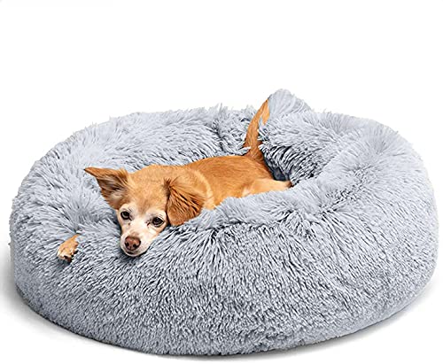 JMHUND Shag Hundebett, veganes Fell, Donut-Design, bequemes Hundebett für mittelgroße Hunde mit abnehmbarem Kissen, groß, beruhigend, ultraweich, waschbar, Haustier-Katzenmatte, rund, 66 cm, Grau von JMHUND