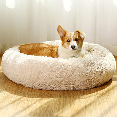 JMHUND Shag Vegan Fur Donut Comfortable Dog Bed for Medium Dogs, Large Calming Cuddler Ultra Soft Washable Pet Cat Bed, Round Fluffy Self-Warming Pet Bed von JMHUND