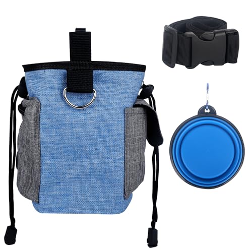 JMJRMUA Leckerlibeutel für Hunde, Leckerlibeutel für Haustier-Training, freihändige Snack-Tasche, Gürtelclip und Kotbeutelspender, Welpen-Leckerli-Tasche mit faltbarer Schüssel, Blau von JMJRMUA