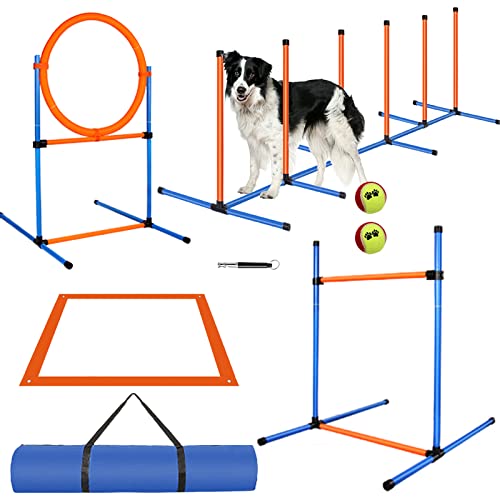 JMMPOO Dog Agility Training Equipment, Pet Obstacle Course Training Starter Kit Dog Indoor Outdoor Game with Adjustable Jump Ring, Agility Hurdle, Weave Poles, Pause Box, Tennis Toys and Carrying Bag von JMMPOO