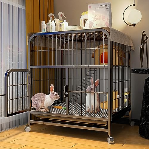 Kaninchenkäfig – Käfig für Kleintiere, Kaninchenhaus mit Drahtboden, auslaufsichere Kunststoffschale, 2-lagiger Meerschweinchenkäfig mit Rädern (Black 70 * 55 * 75cm) von JMOZHCD