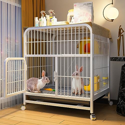 Kaninchenkäfig – Käfig für Kleintiere, Kaninchenhaus mit Drahtboden, auslaufsichere Kunststoffschale, 2-lagiger Meerschweinchenkäfig mit Rädern (White 70 * 55 * 75cm) von JMOZHCD