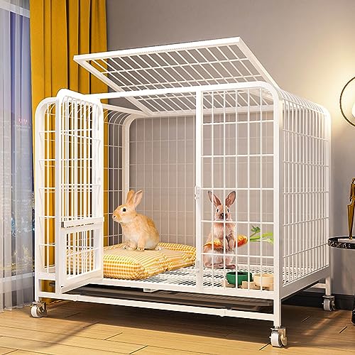 Kaninchenkäfig – Käfig für Kleintiere, Kaninchenhaus mit Drahtboden, auslaufsichere Kunststoffschale, 2-lagiger Meerschweinchenkäfig mit Rädern (White 93 * 62 * 82cm) von JMOZHCD