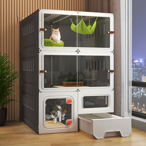 Katzenkäfig, Katzenkäfig für den Innenbereich mit Katzentoilette, DIY-Katzenzaun, HD, transparent, Neue Upgrade-Schiebetür, geeignet für 1–2 Katzen, Kaninchen, Kleintiere (Black 71 * 46.5 * 106cm) von JMOZHCD