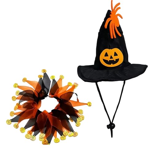 JNAWA Halloween-Haustiermütze und Halsband, verstellbarer Kürbis-Zaubererhut mit Krawatte, elastisch, bunt, Kürbishut, Halsband für Katzen und kleine Hunde, Halloween-Dekoration, 2 Stück von JNAWA