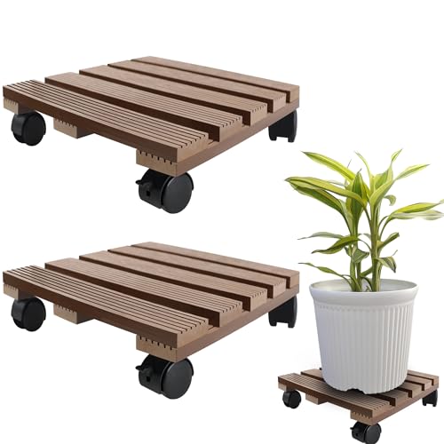 JNGLGO 2er WPC Pflanzenroller Eckig Rollbrett Pflanzen Blumenroller für Außen- und Innenbereich, Blumentopf Untersetzer mit Rollen inkl. 2 Feststeller, Tragkraft 100 kg, 30 x 30 cm, Braun von JNGLGO