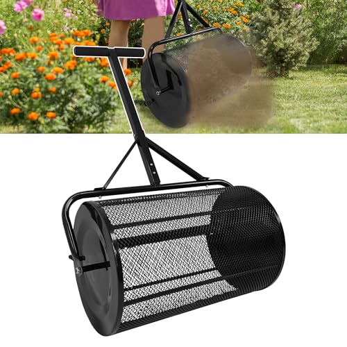 JNGLGO 80L Kompoststreuer Metall Torfstreuer mit T-Griff und Mesh-Korb Gartenstreuer für Dünger & Setzlinge Rückenschonend Samenstreuer, Ø40 x 65 cm von JNGLGO